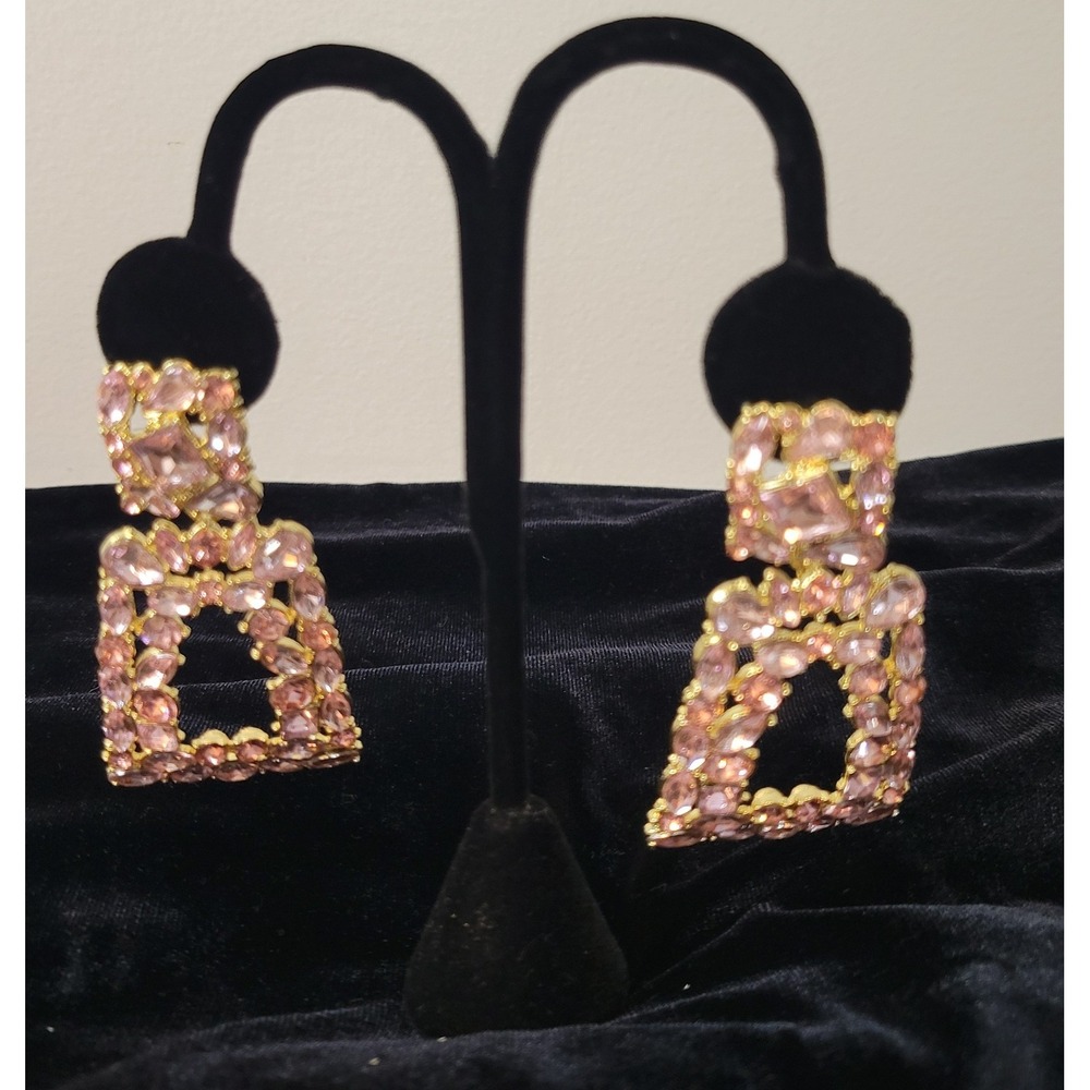 Flyonce Large Pink‎ Rhinestone Geometric Statement Drop Earrings Gold Tone Back